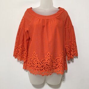 Jude Connally Orange Lace Overlay Bell Sleeve Blouse top Size S